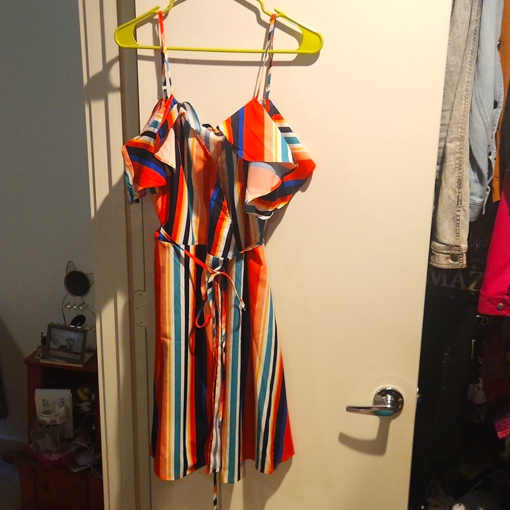 Rainbow Cold Shoulder Wrap Belted Striped Dress